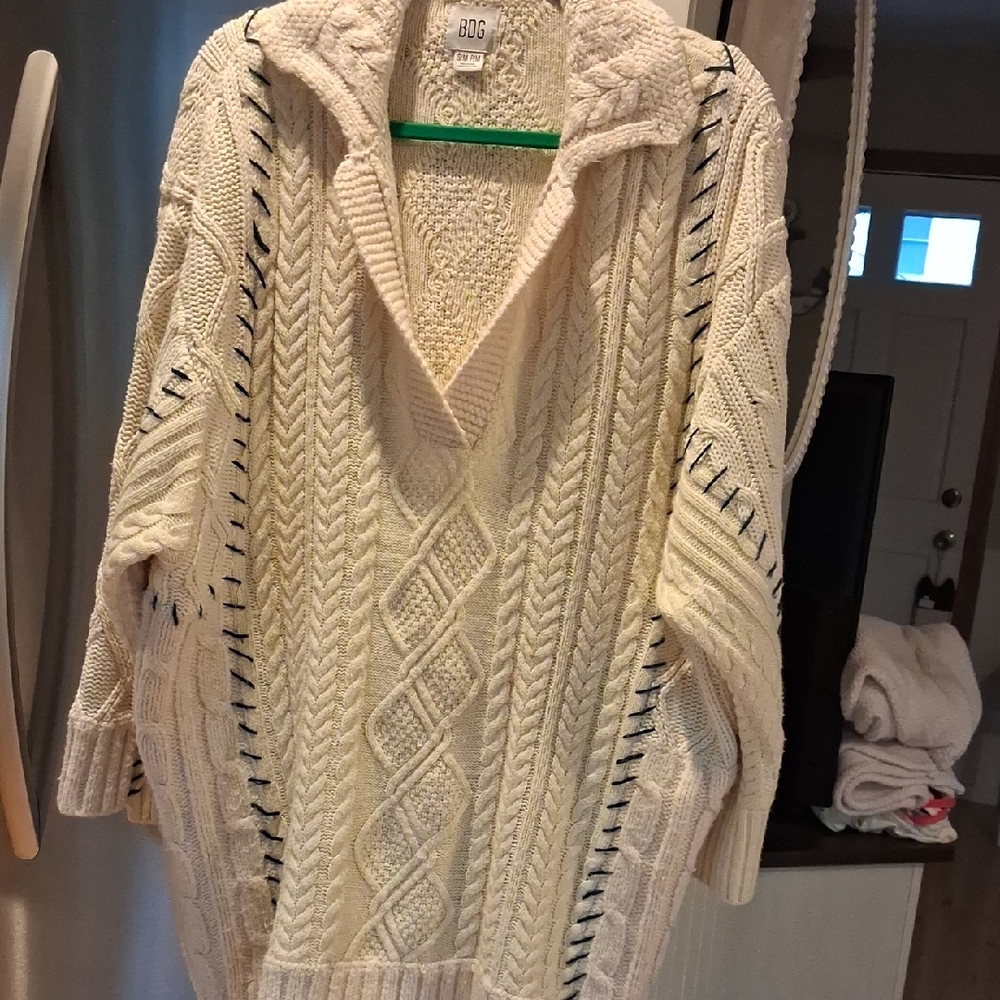 BDG Cream Cable Knit V-Neck Sweater Oversized